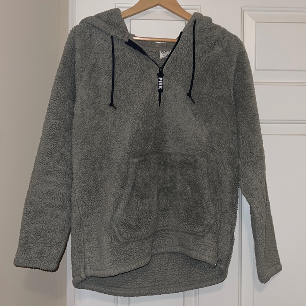 💜PINK quarter zip sage fuzzy teddy hoodie